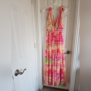 Flying Tomato "Take the Trails" Tropical Tiered Maxi Dress Fuchsia & Orange M